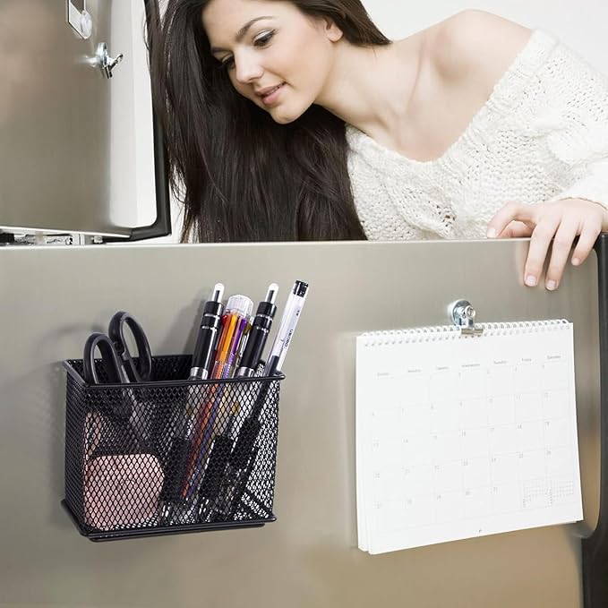 dedoot Magnetic Basket 2 Pack Magnetic Holder Locker Magnetic Pen Holder Magnetic Pencil Holder Strong for Whiteboard Marker, 4.7x2.3x3.7inch Black Mesh Magnetic Pen Holder for Refrigerator Fridge
