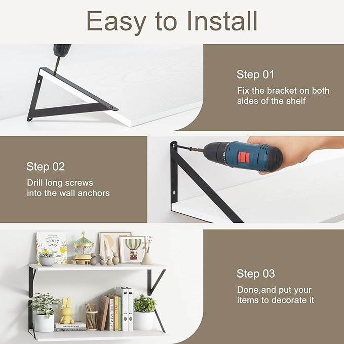 Deep Floating Shelves, 12 Inch Deep Floating Shelves for Wall, 24"W x 12"D Wall Shelves for Books, Rustic White Wooden Shelves, Large Wide Display Shelf for Bathroom, Living Room, Bedroom, Set of 2