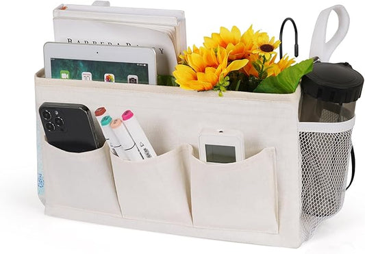 Bedside Storage Caddy/Bedside Hanging Storage Bag for Headboards Bunk Beds Dorm Rooms Book Phone Magazine Holder (New White)