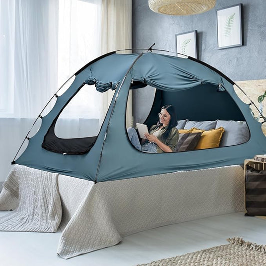 SUNYRISY Bed Canopy Full Size, Indoor Dream Tent for Adults and Kids, 3 Doors Breathable Portable, 80% Blackout Private Space Sleeping