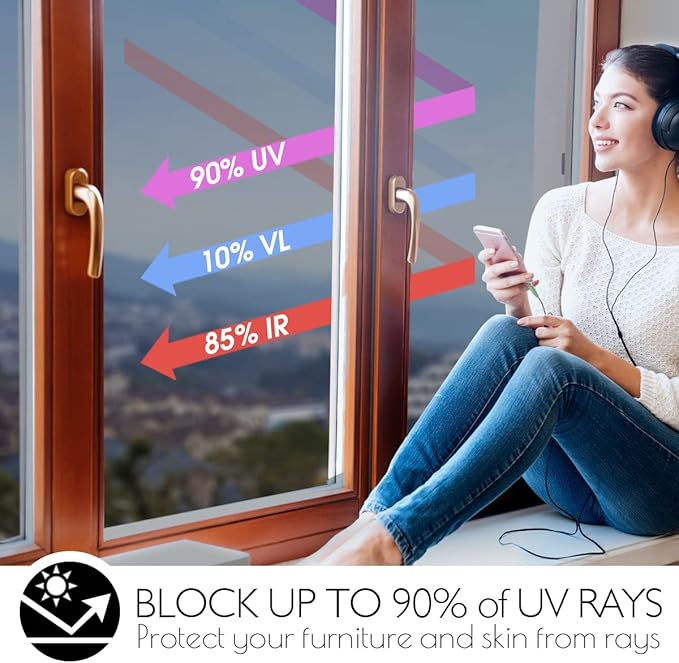 HIDBEA One Way Privacy Window Film, Daytime Mirror Reflective Heat Control UV Sun Blocking Non-Adhesive Static Cling Window Tint for Home and Office(Black-Silver, 55.1 Inch x 16.4 Feet)