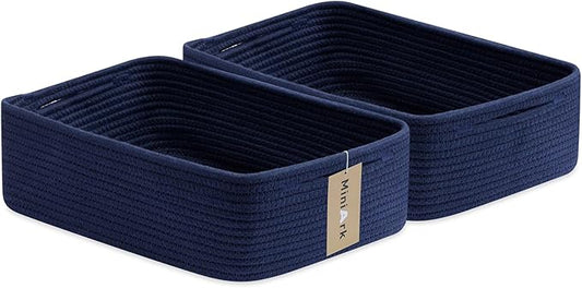 Large Shallow Organizing Baskets 15x11x5.1 Inches - Rope Woven Storage Bins for Bathroom, Shelves, Cube Closet, Navy Blue 2 Packs