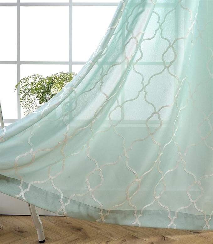 MIUCO Moroccan Embroidered Semi Sheer Curtains Linen Look Grommet Panels for Bedroom 52 x 95 Inch 2 Panels, Subtle Green