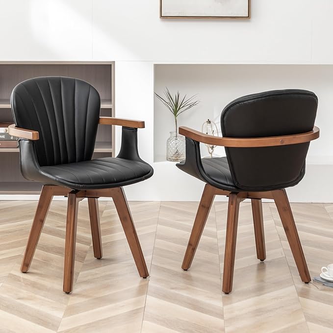 LUNLING Swivel Dining Room Chairs Set of 2, Mid Century Modern Black Faux Leather Kitchen Chairs with Arms,Bamboo Legs Side Chairs No Wheels,Accent Chair for Dining Rooms and Offices