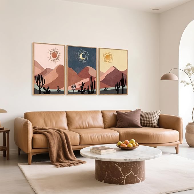 HPNIUB Boho Desert Framed Canvas Wall Art Set, Abstract Sun Moon Art Prints, Modern Cactus Paintings Artwork, Mid Century Southwestern Landscape Wall Decor for Living Room, Bedroom, Office-16 x24 x3