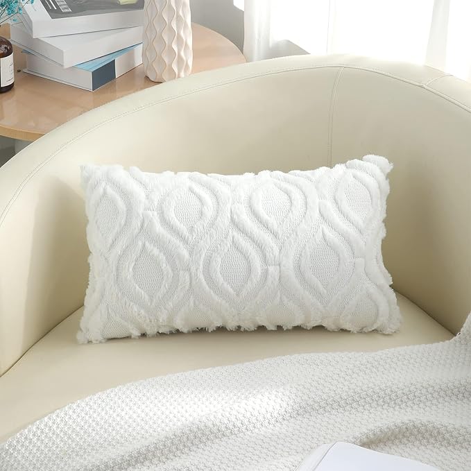 decorUhome Fall Throw Pillow Covers 12x20 Inch Set of 2, Soft Plush Decorative Faux Fur White Solid Couch Pillow Covers, Accent Farmhouse Neutral Lumbar Euro Pillow Cases for Sofa Bed Living Room