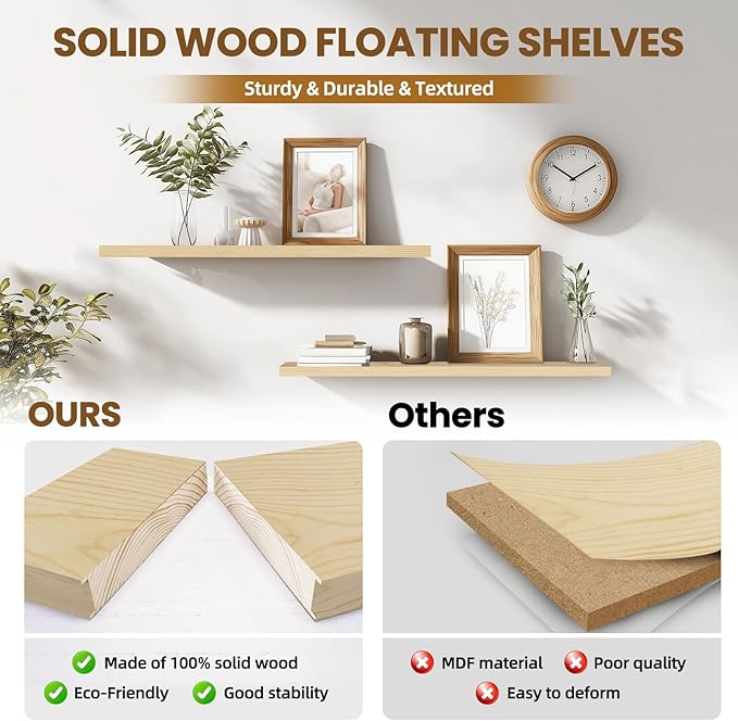 Floating Wall Shelves 2-Pack - 36-Inch Rustic Wooden Shelves for Storage and Décor, Easy Installation for Living Room, Bedroom, and Kitchen