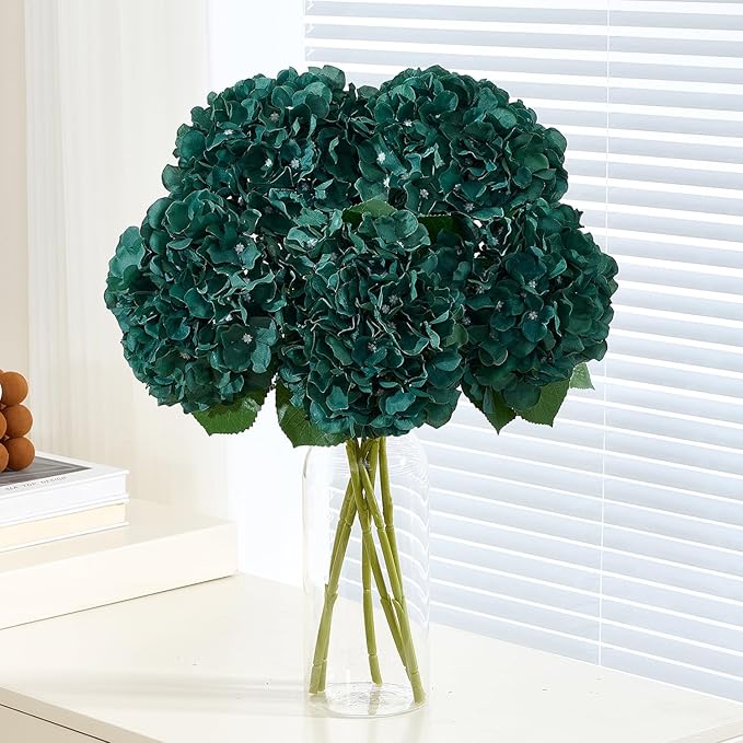 8Pcs Emerald Green Fake Flowers Silk Hydrangea Artificial Flowers Bouquets Faux Hydrangea Stems for Home Table Centerpieces Wedding Party Decoration