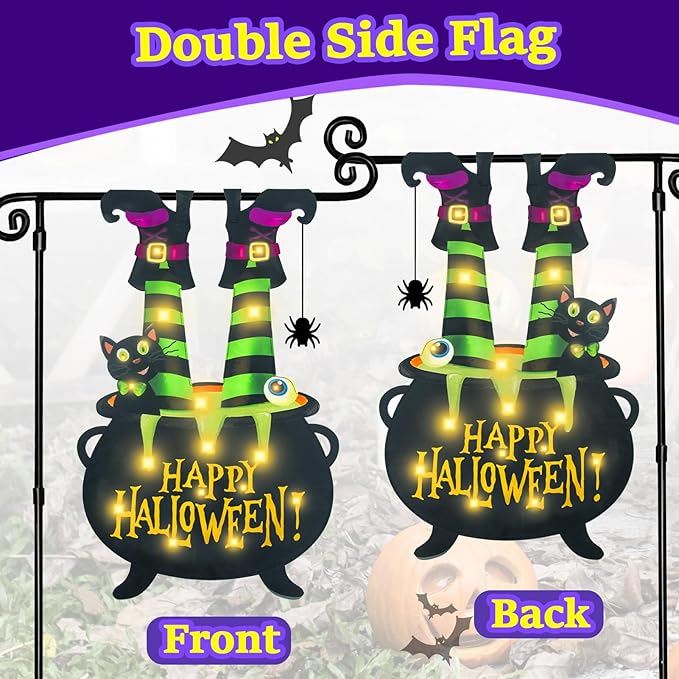 Halloween Lighted Garden Flag for Outside, Witch Feet Shape Flag Yard Decor, 8 Modes 12x18 Double Sided Cauldron Eyeball Black Cat Outdoor Hlloween Decorations for Home Porch（Warm White-12x18）