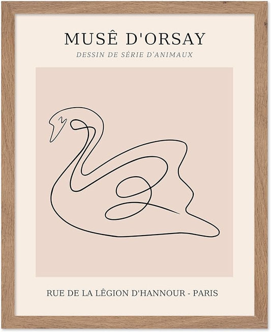 Poster Master Vintage Poster - Retro One Line Swan Drawing Print - Swan Art - Bird Art - Minimal Gift for Her, Animal Lover - Abstract Decor for Home, Office, Bedroom, 8x10 Beige Framed