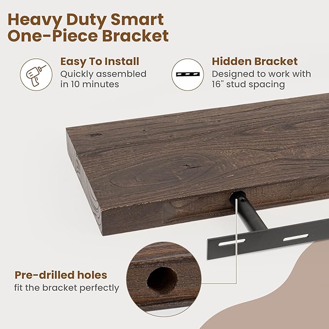 Floating Shelves for Wall Decor, 8 Inch Deep Rustic Solid Elm Wood Floating Shelves Wall Mounted, Wall Shelves with Invisible Bracket for Living Room Bathroom Bedroom Kitchen, 24 Inch Set of 2, Walnut