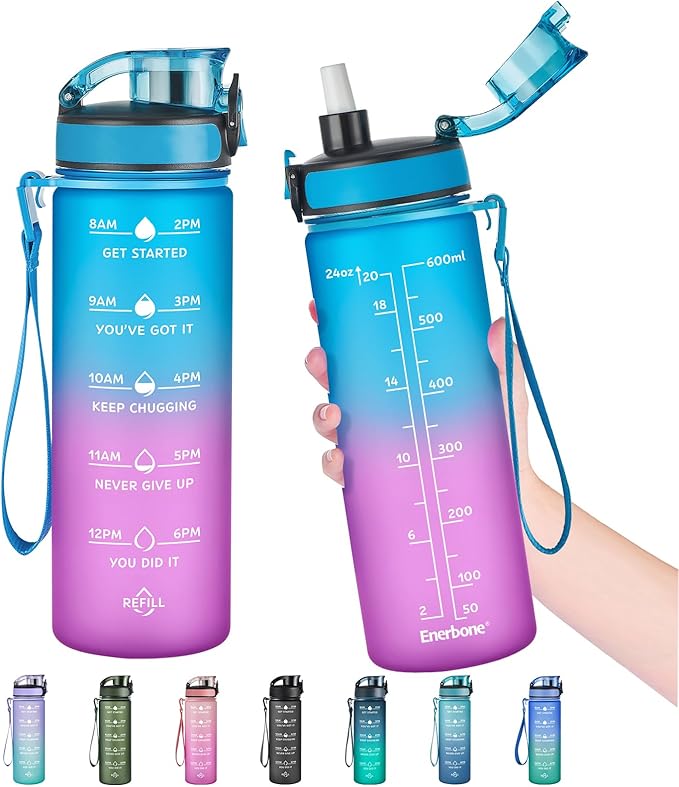Enerbone Water Bottle, Leakproof BPA & Toxic Free, Motivational Water Bottle with Times to Drink and Straw, Fitness Sports Water Bottle with Strap for Office, Gym, Outdoor Sports