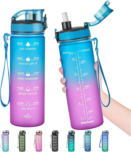 Enerbone Water Bottle, Leakproof BPA & Toxic Free, Motivational Water Bottle with Times to Drink and Straw, Fitness Sports Water Bottle with Strap for Office, Gym, Outdoor Sports