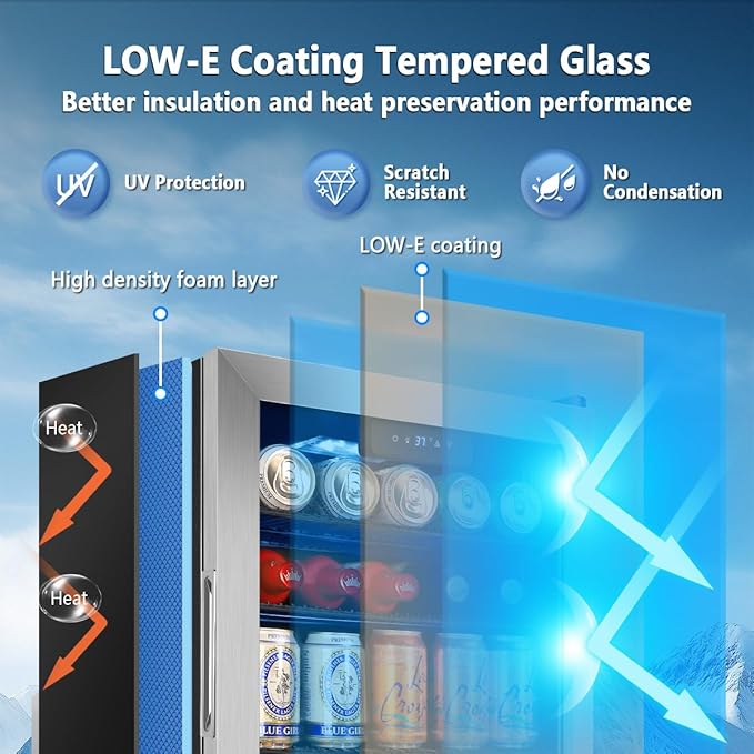 Tylza 130 Can Beverage Refrigerator Cooler, 3.22 Cu.Ft Beverage Cooler with Low-E Glass Door, Safety Lock, Beverage Fridge for Soda, Beer, Wine, Mini Fridge for Home, Office, Bar, Bedroom, Silver