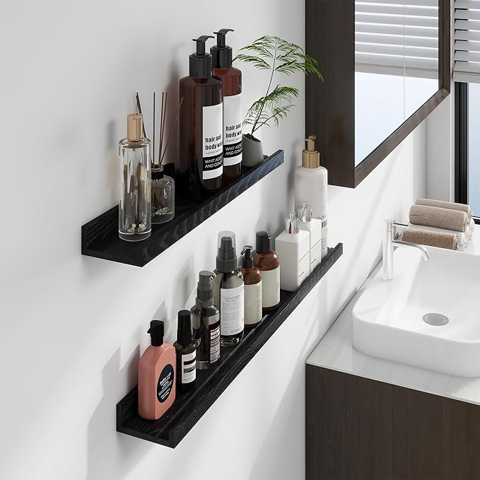 Floating Picture Ledge Shelves 36 Inch Solid Oak Wood Set of 2, Rustic Wall Storage Shelves with Lip, Kids Bookshelf, Photo & Picture Ledge Shelves for Bedroom, Living Room, Kitchen