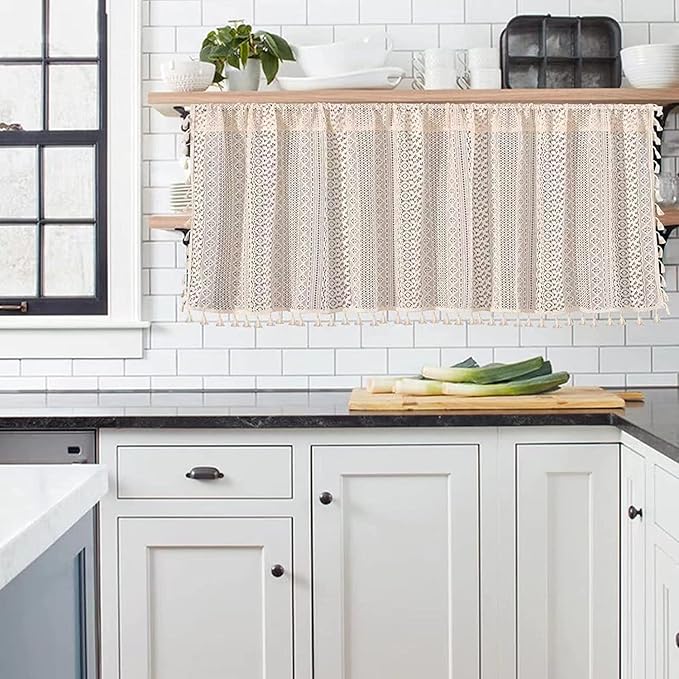 Sutuo Home Boho Sheer Curtain Valance Tier Crochet Lace with Bohemian Hollow Knitted Handmade Tassels, Short Farmhouse Window Treatment for Kitchen Cafe, Rod Pocket, 1 Panel 59" W x 24" L, Beige