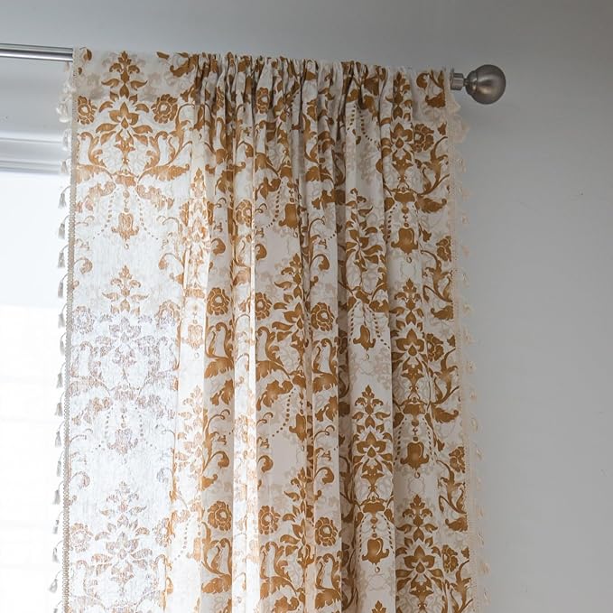 Sutuo Home Boho Curtains 63 Inches Length for Bedroom Living Room, Printed Moroccan Cotton Linen Rod Pocket Rustic Farmhouse Bohemian Tassels Window Treatment, 1 Panel 59" W x 63" L, Brown Damask