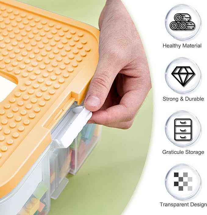 Toys Organizer Storage Case for Lego Box Kids Toy Stackable Building Blocks with Lids Bins Adjustable Lego Storage Containers Plastic Toy Box 2 Layer (Lemon)