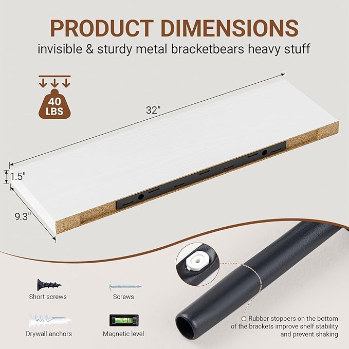 Heimlove 32 Inch Floating Shelves for Wall,White 9.3" Deep Floating Shelf Set of 2,Wall Mounted Shelves for Bathroom Bedroom Living Room Kitchen Office,Shelf for Books Storage Room,Home Decor