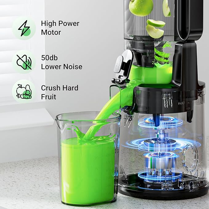 Juicer Machines,Aeitto Cold Press Juicer with 5.3“ Extra Large Feed Chute for Whole Fruits & Vegetables, Slow Masticating Juice Extractor, Self Feeding, Easy to Clean, High Juice Yield, Grey