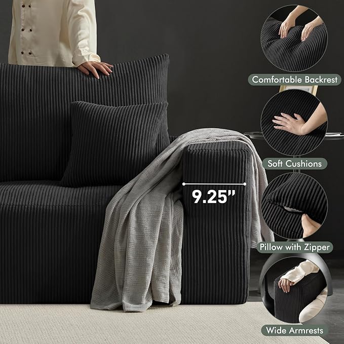 Boneless Sectional Cloud Couch Sofa for Living Room, 112" L-Shaped Modular Modern Lounge Sleeper Black Couches with Chaise, No Assemble, Cordury Compression Upholstered Sofas