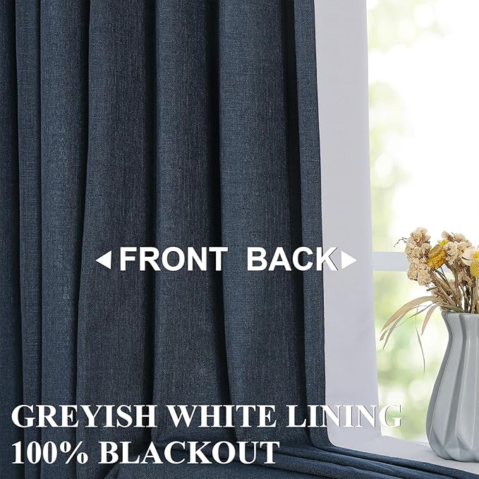 Vision Home Navy Blue Pinch Pleated Full Blackout Curtains Linen Blended Room Darkening Window Panels 90 inch for Living Room Bedroom Thermal Insulated Pinch Pleat Drapes with Hooks 60" Wx90 Lx1