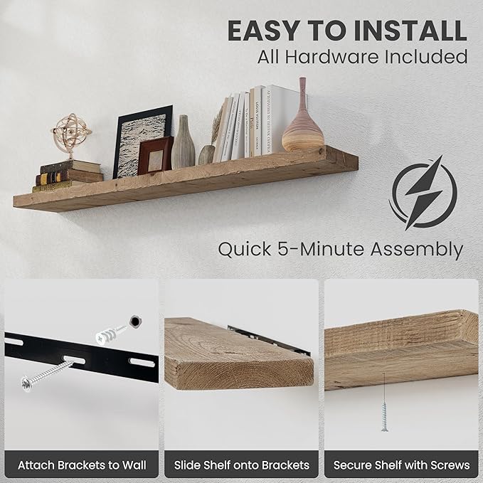 Solid Wood Floating Shelves, 8" Deep Rustic Reclaimed Barnwood Wall Hanging Floating Shelf with Invisible Heavy-Duty Metal Bracket | Wall Mounted | Farmhouse Style | 55 inches,1PC,Natural