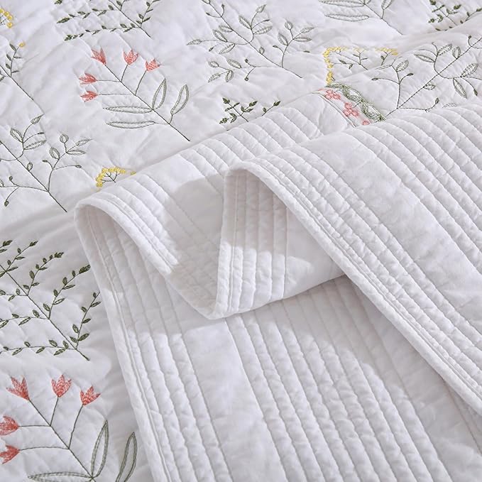 MarCielo 3-Piece 100% Cotton Oversized Bedspread Lightweight Quilt Coverlet Embroidery Farmhouse Bedding Set(TL Floral White,Oversized King (118"x106"))