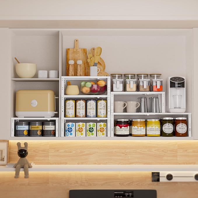 Expandable Spice Rack,Stackable Storage for Cabinet, Multi-Functional Kitchen Shelving,Height-Adjustable,Sustainable Organizer Solution(3Packs/White/Large)