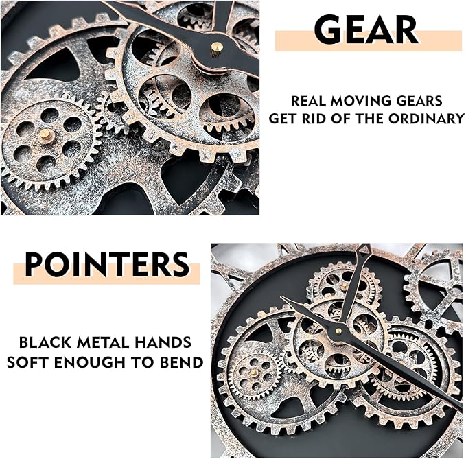 The B-Style Large Wall Clock 24 inch Moving Gear Wall Clock Oversized Vintage Farmhouse Wall Clocks for Living Room Decor Rustic Industrial Wood Clock (Silver Gray and Bronze)