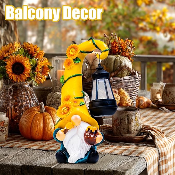 Fall Decorations for Home Porch 12" Solar Fall Gnome Sunflower Garden Statues Honey Bee Jar Decor with LED Lantern Outdoor Gnomes Decorations Patio Yard Balcony Art Birthday Gifts for Mom Grandma