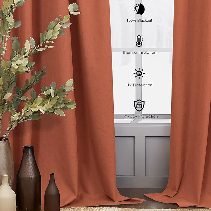 Terracotta Curtain 96 Inch Long for Living Room 2 Panel Back Tab Pleated Thick Linen Blackout Vintage Western Mid Century Thermal Black Out Window Drape for Bedroom Burnt Orange Rust Colored 96 Length