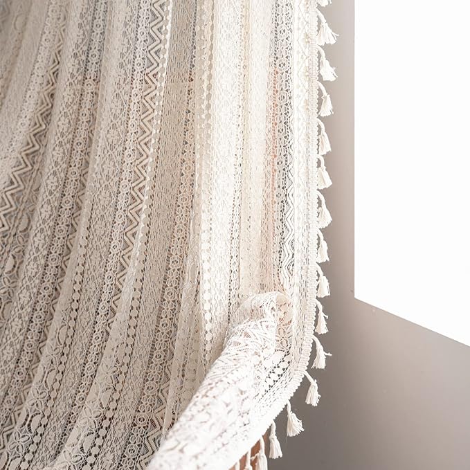 Sutuo Home Crochet Boho Curtain 96 Inches Length, Sheer Lace Handmade Tassels Knitted Window Treatment Vintage Rustic Bohemian Farmhouse Drape for Bedroom Rod Pocket 1 Panel 59" W x 96" L, Beige Wave