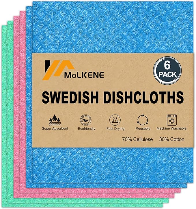 Swedish Dishcloths, Reusable Soft Kitchen Towels, Absorbent Sponge Cleaning Cloths, Washable Quick Drying, 6 Pack, Assorted