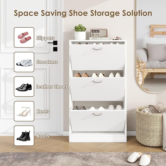 Shoe Storage Cabinet with 3 Flip Drawers, Narrow Shoe Cabinet Freestanding Slim Shoe Storage Organizer for Entryway, Hallway, Entrance, Bedroom, Living Room, White