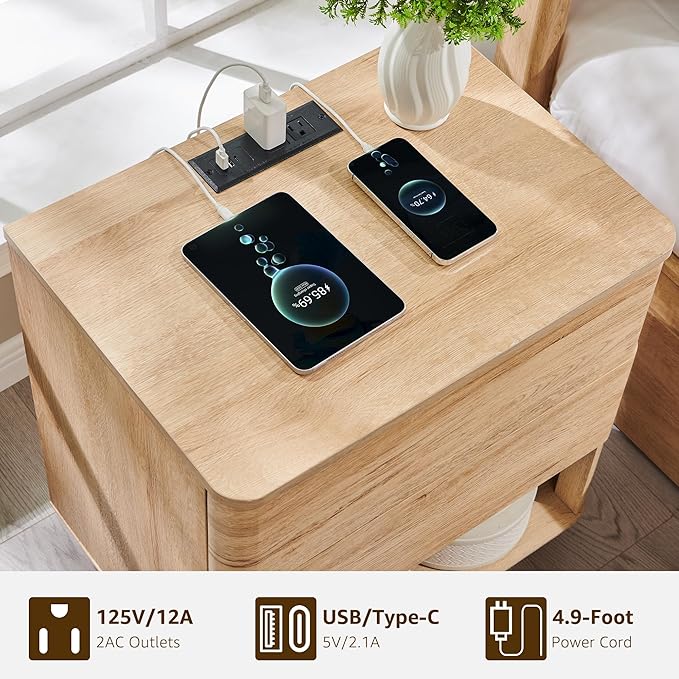 Nightstand with Charging Station, 22" Push-to-Open Bedside Table with 2 Storage Drawers, Large Modern End Table for Bedroom,Living Room,Natural Oak