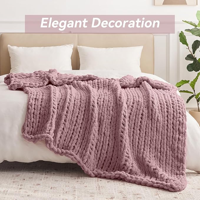 Chunky Knit Throw Blanket, 60''*80'' Knitted Throw Chenille Yarn for Bed Couch, Handmade Muted Pink Crochet Big Thick Blanket, Machine Washable Cute Comfy Blanket for Home Decor