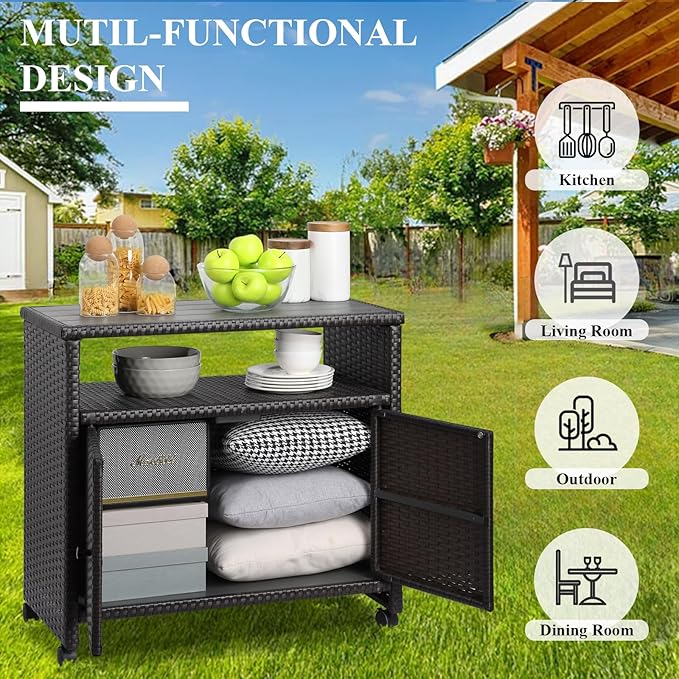 Outdoor Wicker Storage Cabinet - Patio Bar Table with Wheel,Outdoor Buffet Cabinet Movable,Garden Weather-Proof Bar Table/Cart for Indoor&Outdoor (Dark Brown)
