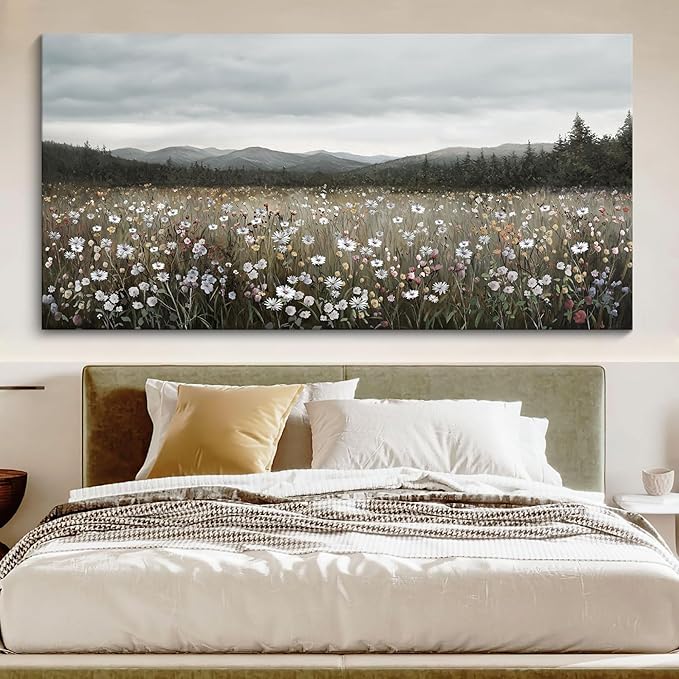 HGUAOA Vintage Landscape Wall Art for Bedroom and Living Room - Large Floral Artworks Farmhouse Wall Decor - Framed Neutral Nature Pictures - Above Bed Wall Decor with Mountain Scenery 29×58IN