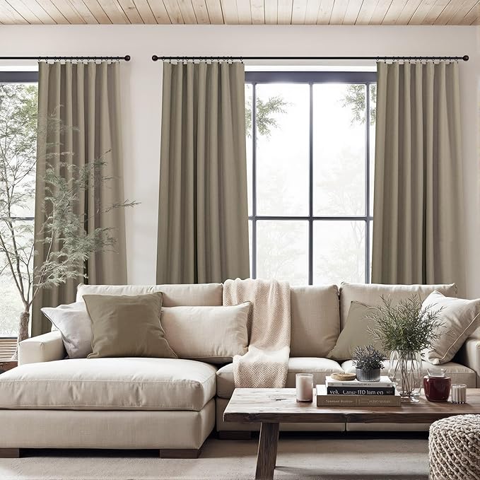 Light Brown Linen Blackout Curtains 96 Inches Long Back Tab Pocket Neutral Earthy Thermal Black Out Curtains for Living Room Sliding Glass Door Burg Floor to Ceiling Window Drapes 2 Panels 8ft Length