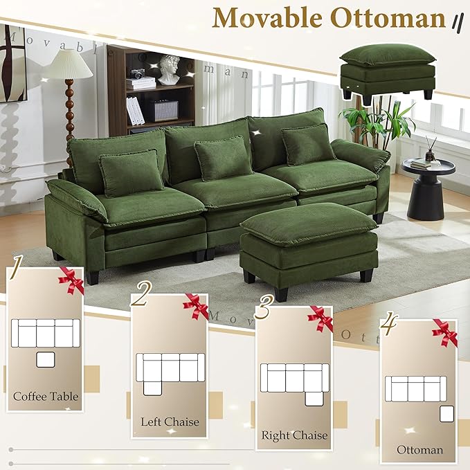 URRED Modular Sectional Sofa Comfy Cloud Couch, Modern Corduroy Sofa Sleeper Deep Seat Couches with Ottoman/Pillows for Living Room (Green, 117''- L Shape)