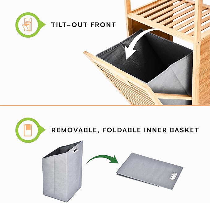 Prosumer’s Choice Bamboo Tilt-Out Laundry Hamper with 2-Tier Storage Shelves – Freestanding Clothes Hamper with Removable Liner, Space-Saving Design for Bathroom or Bedroom – 15.5”L x 11.8”W x 37.4”H