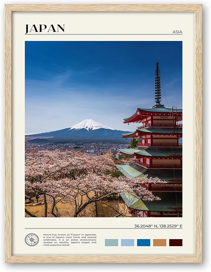 HesenDot Natural OAK Wood Framed Mount Fuji Wall Art, 12x16in Japanese Natural Scenery Canvas Wall Print, Classic Urban Landmark Wall Decor for Living Room, Bedroom,Office Gallery Set of 1