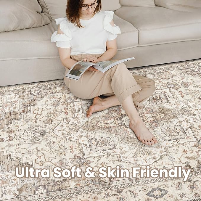 Washable Area Rugs for Living Room -10x12 Neutral Vintage Distressed Floral Farmhouse Boho Large Soft Floor Rug Indoor Non Slip Carpet for Living Room Bedroom Dining Room Office-Brown/Multi