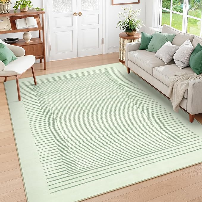 Wonnitar Washable Striped 8x10 Rugs for Living Room, Non-Slip Soft Sage Green Bedroom Rug, Low Pile Minimalist Floor Carpet for Nursery Playroom Dining Room Department (Green, 8' x 10')