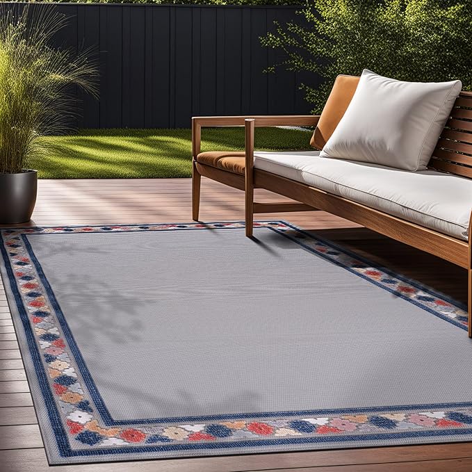 Beverly Rug Outdoor Rug 6x9 Modern Bordered Area Rugs for Indoor and Outdoor Patio Easy to Clean Non Shedding Living Room Porch Garden Washable Outside Carpet (6 x 9 Gray)