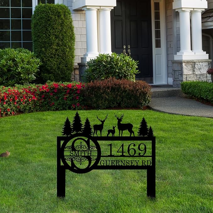 Personalized Deer Custom Garden Address Sign with Metal Stake, Housewarming Gift, Outside Camping Decor