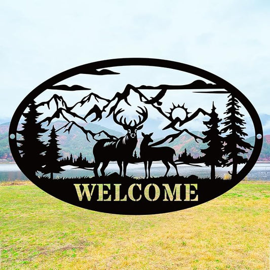 Rustic Metal Deer Cabin Sign, Outdoor Welcome Sign for Front Porch, Great Gift for Hunters, Farmhouse Cabin Decor