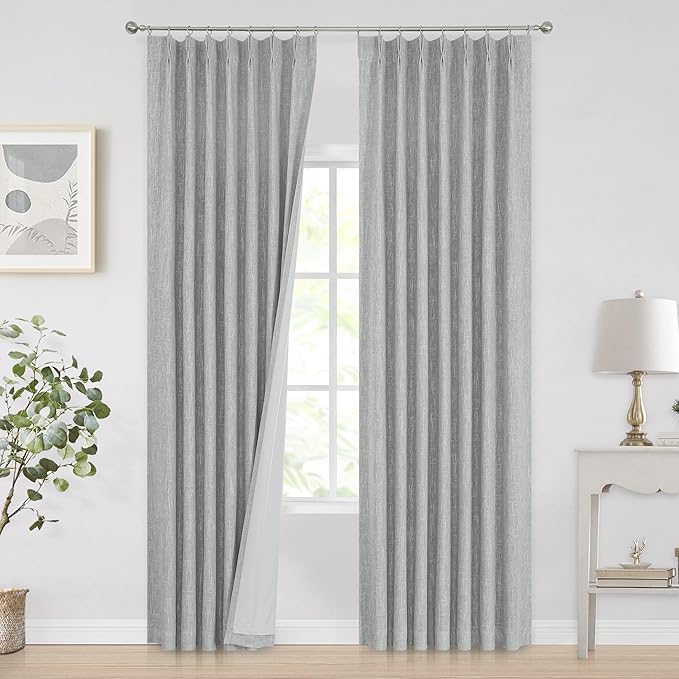 Vision Home Silver Grey Pinch Pleated Full Blackout Curtains Room Darkening Window Curtains 108 inch for Living Room Bedroom Thermal Insulated Pinch Pleat Drapes with Hooks Back Tab 2 Panel 40"Wx108"L