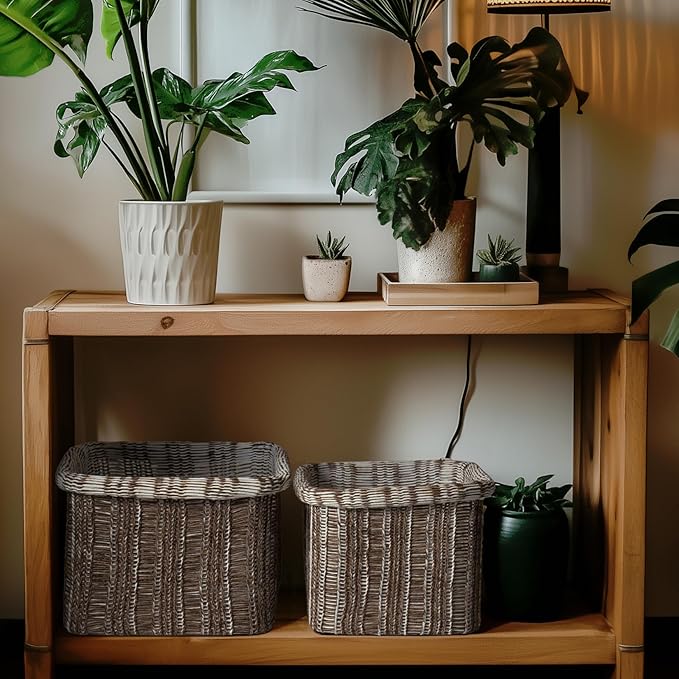 La Jolie Maison Blended Fabric Storage Baskets Set of 2, Rectangle Knitted Baskets for Organizing, Boho Decorative Baskets, Unique Design, Durable Finish, Mocha